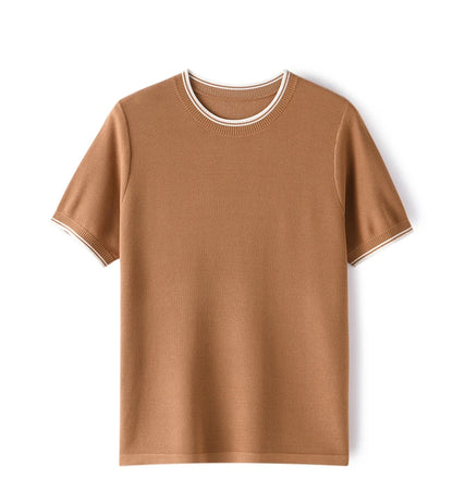 Summer New T-shirt Men's Round Neck Pullover Top Casual Knitted Mulberry Silk Short Sleeve Contrast Color Business Bottom Shirt