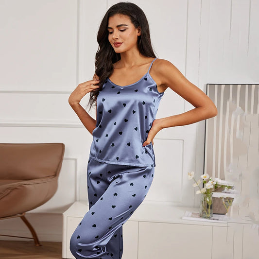 Women's Home Clothes Sexy V Neck Pajama Silk Pajamas Set Sleepwear Satin Cami Vest with Trousers Pajamas 2 Piece Sets Loungewear