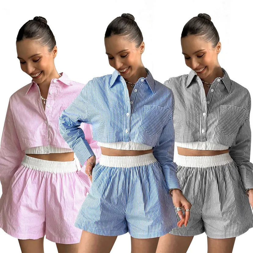 2 Pieces Set Sexy 2024 Summer Autumn Fashion Women Set Female Tops Stripe Long Sleeve Shirt Tops And Shorts Suit Matching Outfit