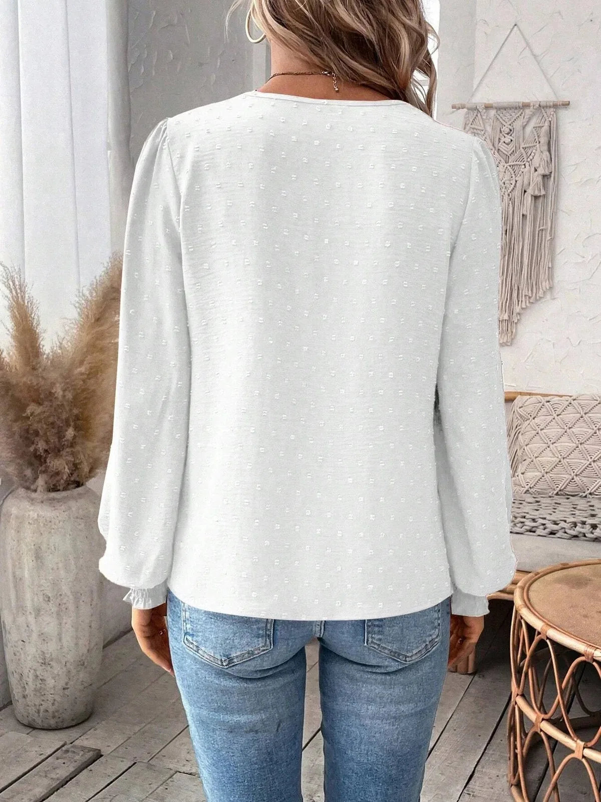 Women's Clothing 2024 Autumn Sexy V-neck Fashionable Lace Patchwork Polyester Solid Color Shirt Long Sleeved Shirt