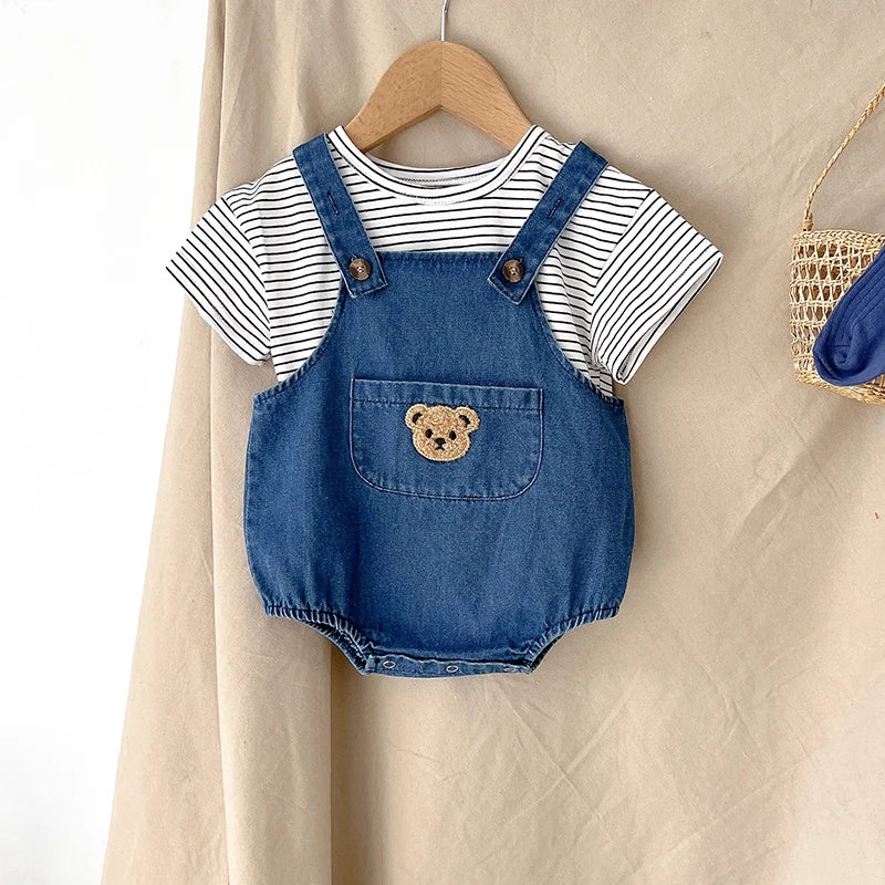 2024 Summer Baby Clothing Set Newborn Girls Striped T-shirt and Denim Bodysuits 2Pcs Boys Cool Suits