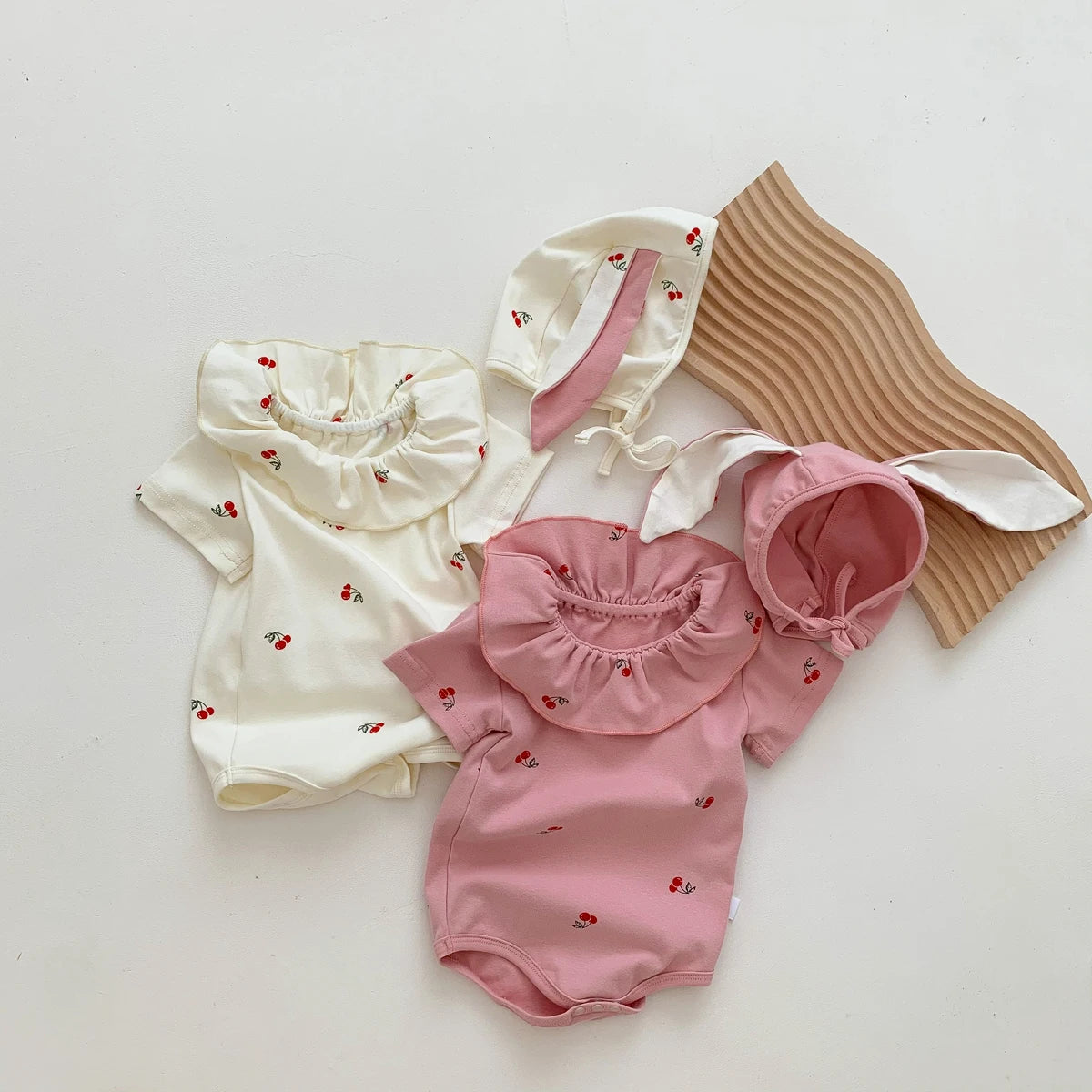 Summer Baby Romper for Girls Newborn Jumpsuit Cherry Cute Ears Hat Short Sleeve Baby Clothes 0-2 Years Old