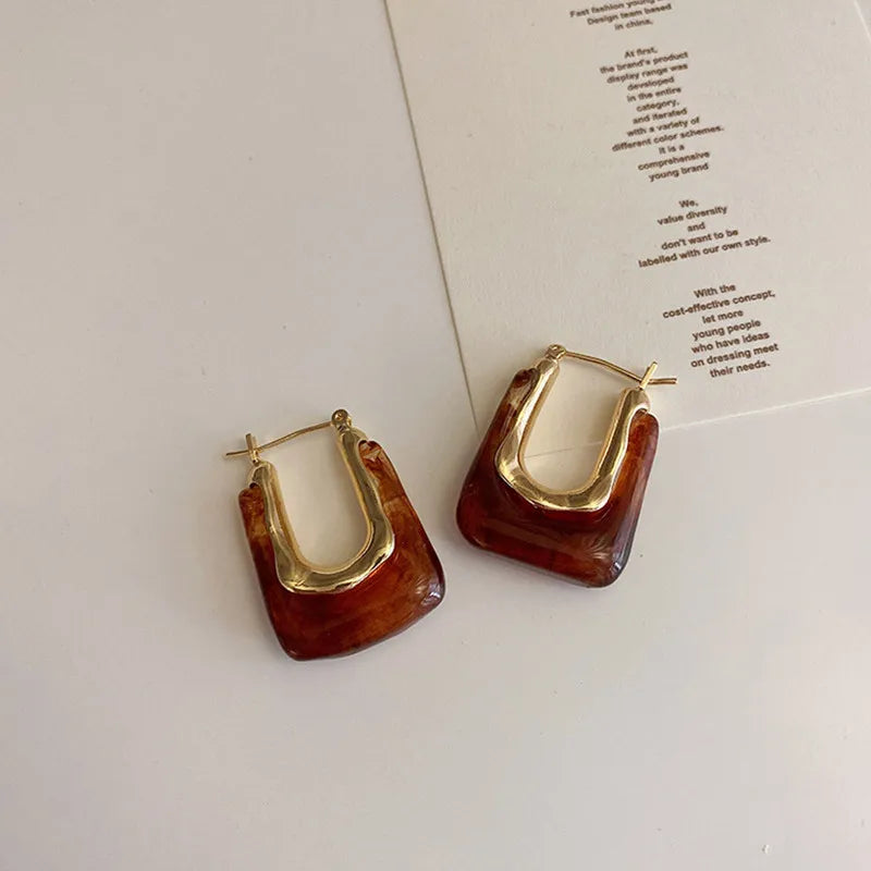 2023 New Fashion Korean Oversized Brown Drop Earrings for Women Bohemian U Shaped Golden Square Wedding Earrings Jewelry Gift