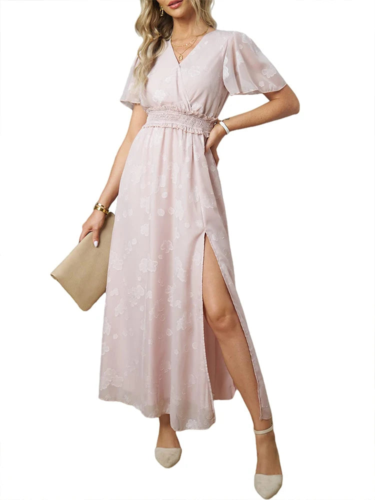 Maxi Dress Casual Summer V Neck Puff Sleeve High Waist Lace Up Dress Elegant Flowy Dress Sleeveless for Women  Thigh Slit Crosso