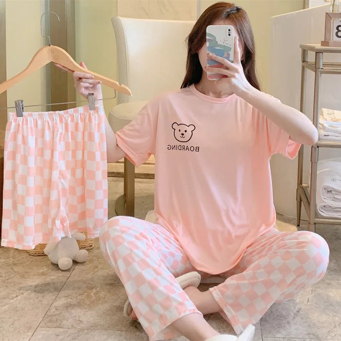 New women's summer three-piece pajamas homewear women short-sleeved trousers cartoon leisure women's homewear pajamas set