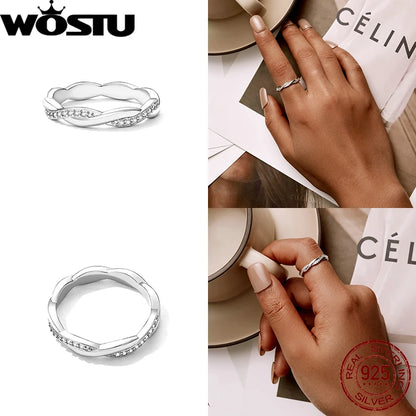 WOSTU 925 Sterling Sliver Wedding Rings 14K Gold Plated Cubic Zirconia Twisted Rope Eternity Band Ring for Women Size 6 7 8 R248