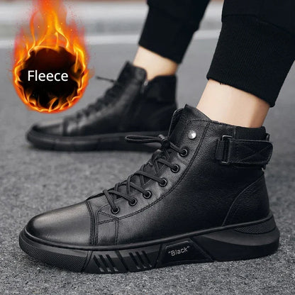 Men's Boots British Casual Platform Leather Boots for Men Black Motorcycle Boots Winter Comfortable Keep Warm Men Ankle Shoes