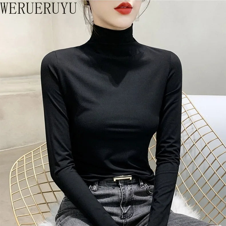 Black Turtleneck T-shirt Long Sleeve Tops Women Y2k Clothes Autumn Winter Korean Fashion Modal Elegant T-shirts for Women 2024