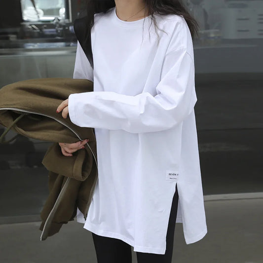 Women's Solid Color Split Long-Sleeved T-Shirt 2024 Korean Spring And Autumn New Ladies Casual Loose Tops Bottoming White Shirts