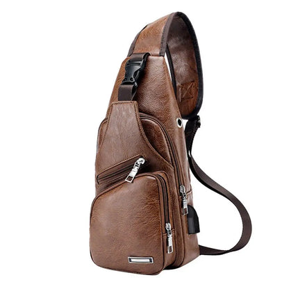 USB data cable charging chest bag casual fashion shoulder bag PU outdoor sports men's bag