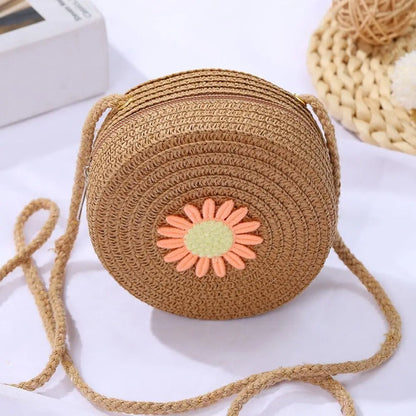 Round Straw Bag Women Woven Crossbody Beach Bag for Ladies Cute Rattan Handmade Knitted Shoulder Bag Candy Color Small Handbag