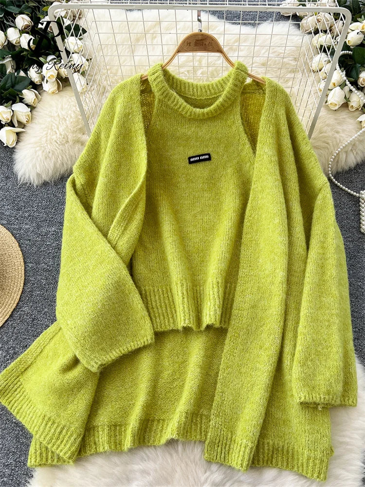 SINGREINY Fashion Solid Cashmere Sweater Long Sleeves Loose Warm Cardigan+Sleeveless Knitting Tank Top Winter Gentle Casual Tops