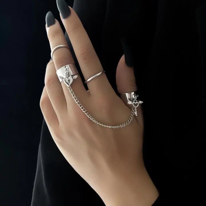 New Fashion Chain Link Ring Full Rhinestone Vintage Flower Double Finger  For Women Girl Party Jewelry Gift Accessories