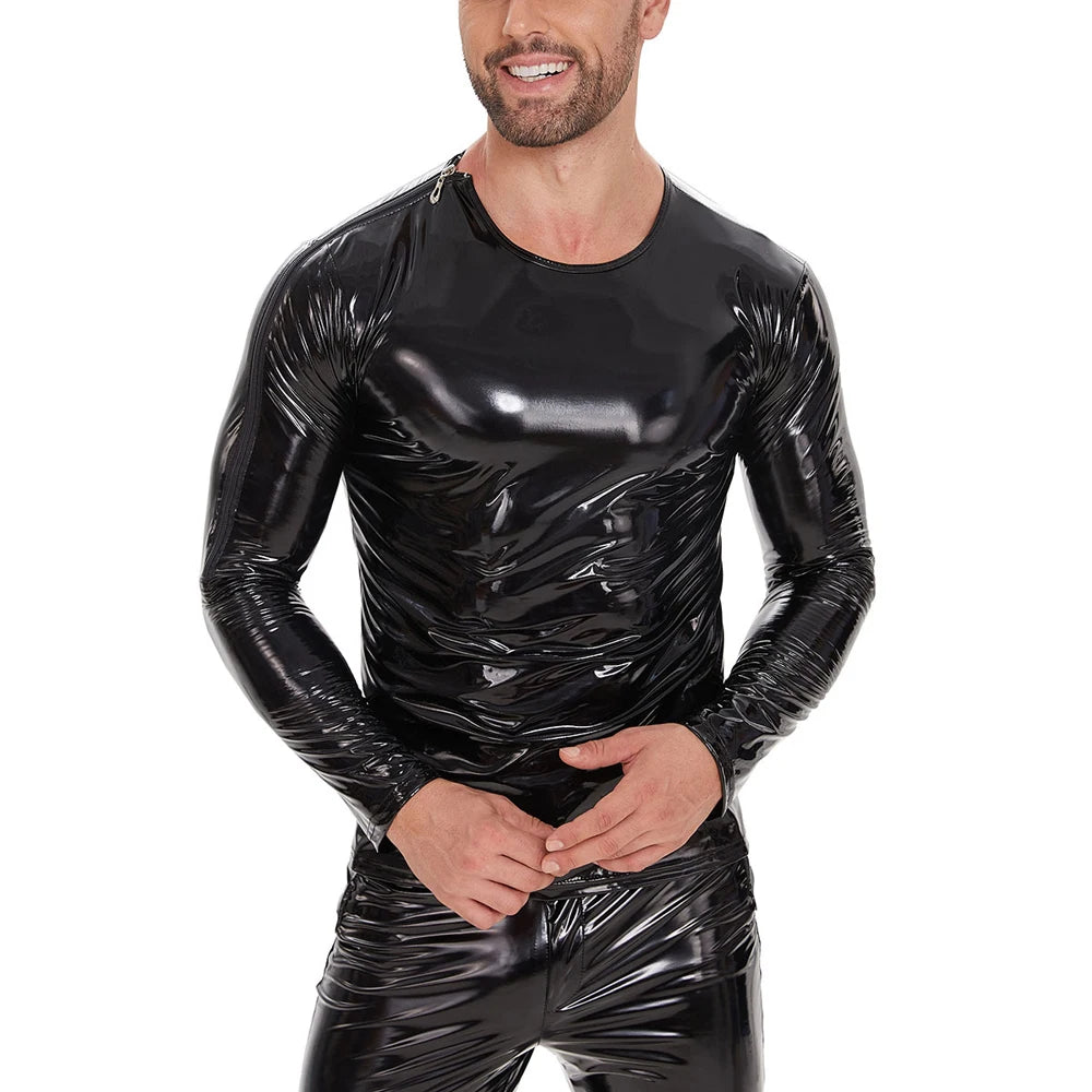 S-7XL Shiny Faux PU Leather Long Sleeve T Shirt Men Wet Look PVC Hot Shapers Tights Shapewear Tshirt Sexy Tee Shirts Tops Body