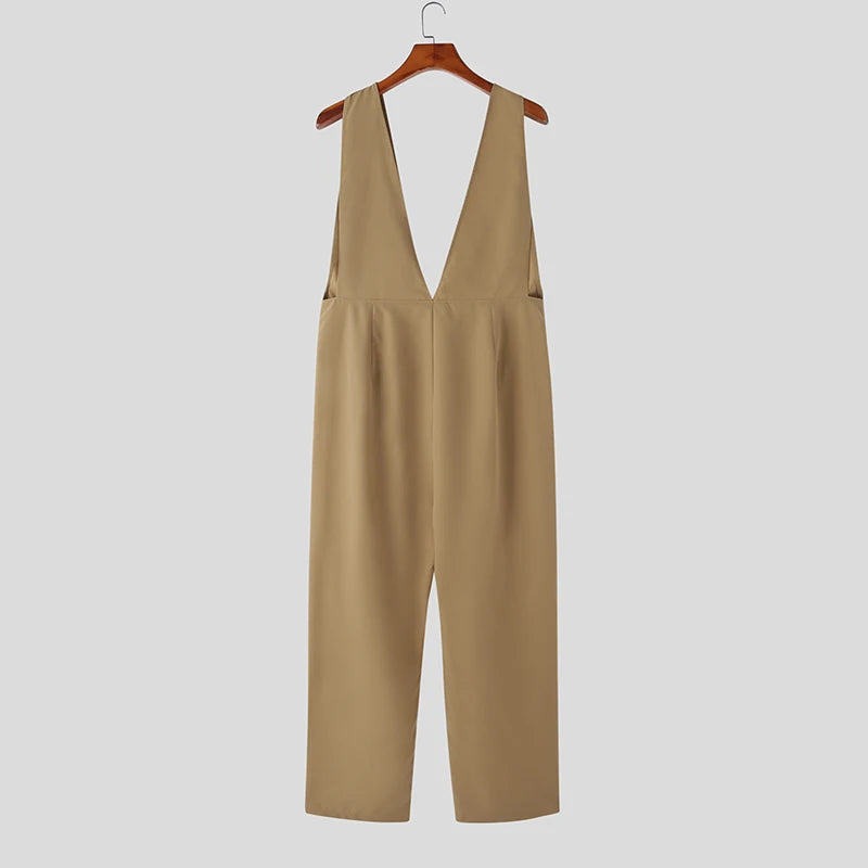 Men Jumpsuits Solid Color Deep V Neck Sleeveless Pocekts Rompers 2023 Streetwear Loose Fashion Casual Men Overalls S-5XL INCERUN