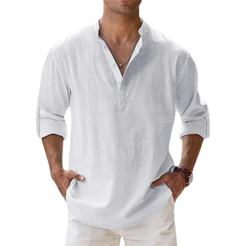 New Men's Linen Long Sleeve T-Shirts Breathable Shirt Solid Color Casual Basic Cotton Linen Shirt Tops