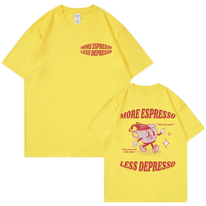 More Espresso Less Depresso Meme T Shirts Funny Men Women's Aesthetic Vintage Cartoon T-shirt Summer Pop Art Cotton Tshirts Tops