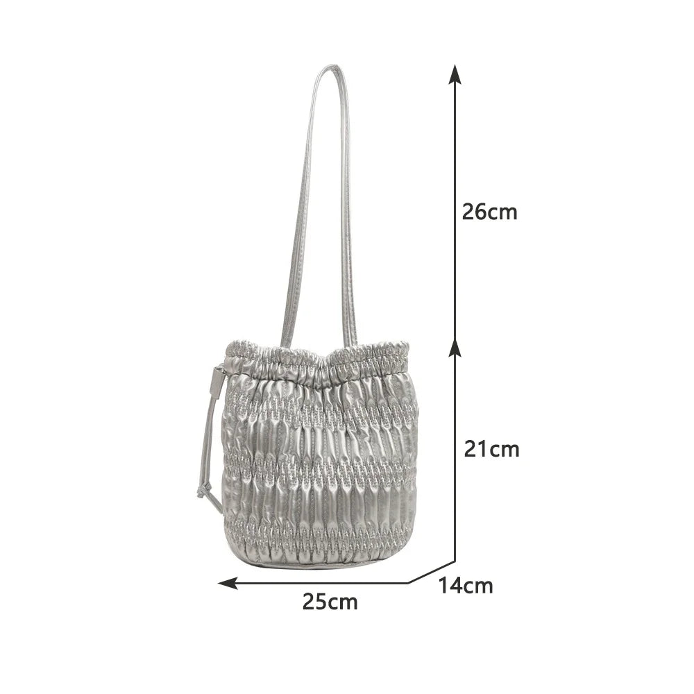 Silver Pleated Drawstring Shoulder Bucket Bags Women Designer Soft PU Leather Small Handbags Female Casual Purse Underarm Bag