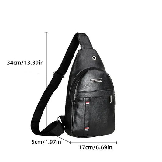 Classic Chest Bag Black PU Material Simple Retro Fashion Mens Crossbody Bag Sling Bag for Men and Women