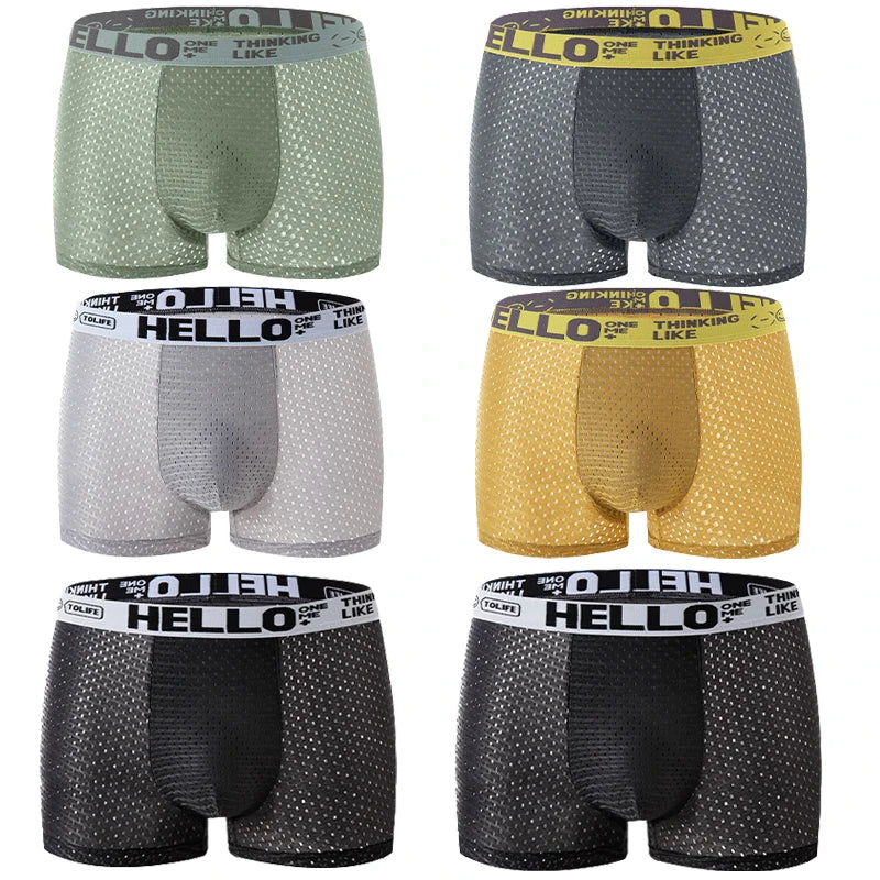 6 pieces of mesh ice silk boxing shorts for men's underwear breathable sexy slim fit and seamless flat corner pants plus size4XL