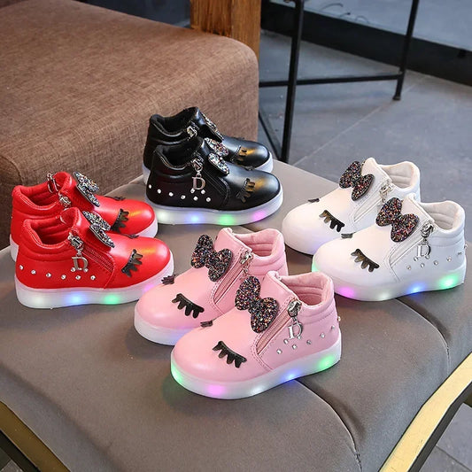 Children Shoes Casual Sneaker for Boy Kid Shoes Girl Rhinestones LED Light Trend Illuminated Shoe Bowknot Girl Shoe Zapatillas