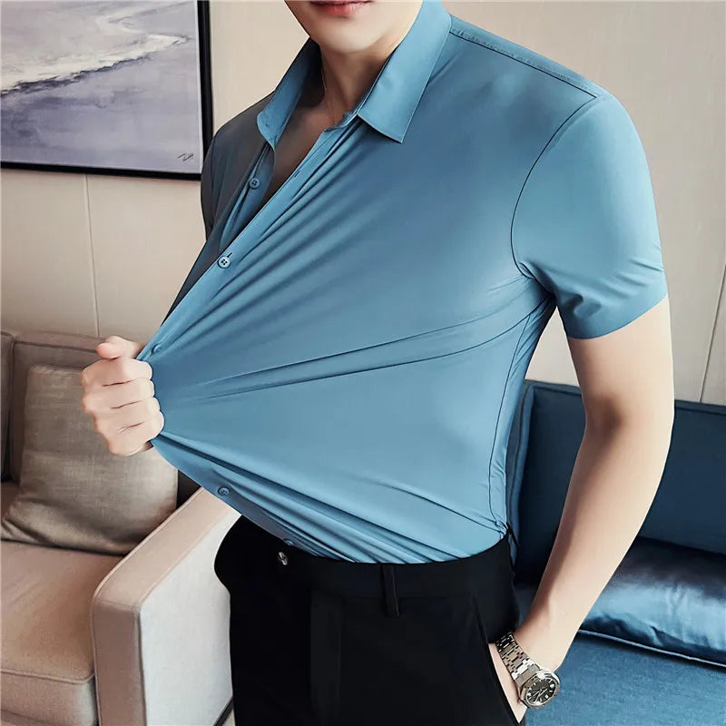 6colors High Quality New Solid High Elasticity Seamless Short Sleeve Shirts Men Slim Social Casual Business Formal Dress Shirt