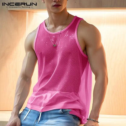 Men Tank Tops Solid O-neck Sleeve Mesh Transparent Sexy Vests Streetwear 2023 Fashion Party Casual Men Clothing S-5XL INCERUN