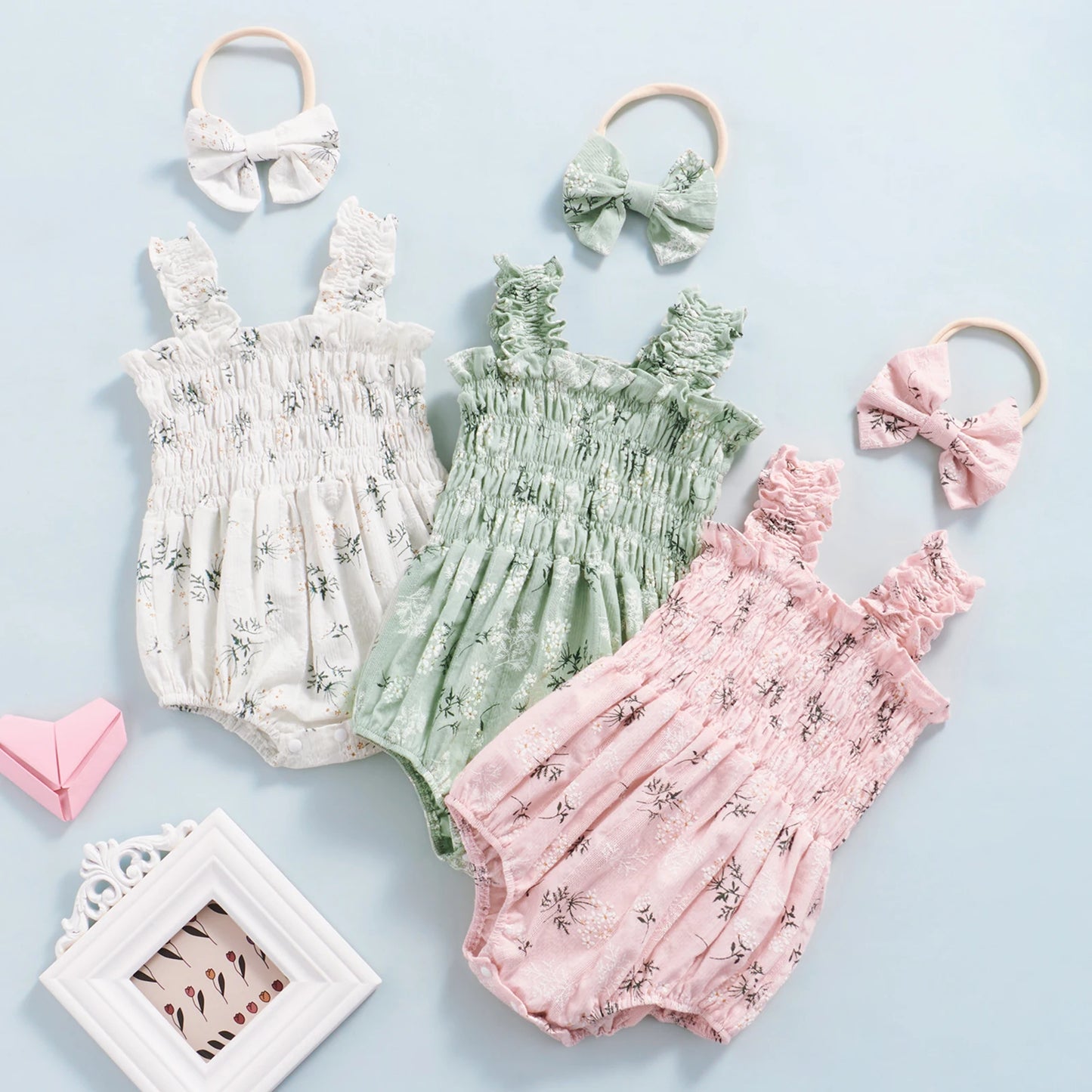 ma&baby 0-24M Summer Newborn Infant Toddler Baby Girl Romper Cute Floral Print Ruffle Sleeveless Jumpsuit Headband Outfits D05