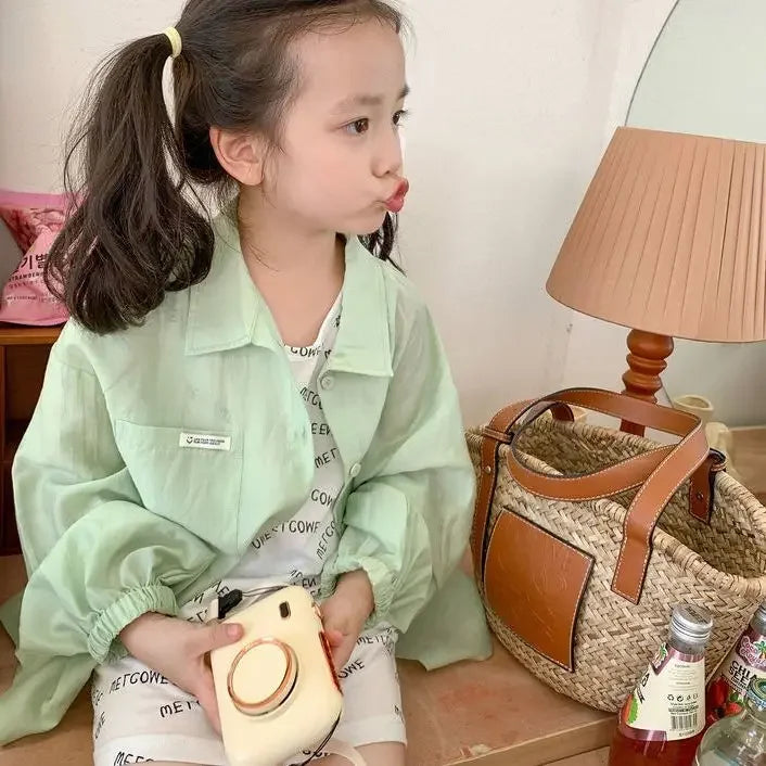 Girls Shirt and Sun-Proof Clothing 2023 Summer New Korean Style Western Style Children's Thin Coat Thin Long Sleeve Shirt