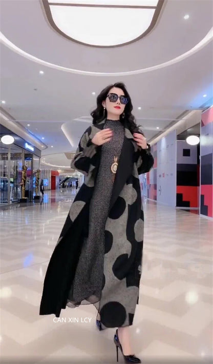 Polka Dot windbreaker For Women Long Windbreaker Loose Large Size L-5XL Overcoat Middle aged Female Wool Trench Coat Outcoat