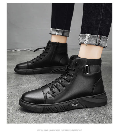 Men's Boots British Casual Platform Leather Boots for Men Black Motorcycle Boots Winter Comfortable Keep Warm Men Ankle Shoes