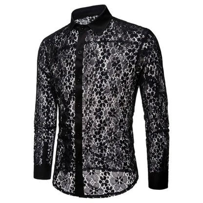 Turn Down Collar Cotton Men Shirts Long Sleeve Buttons Shirt Men Solid Color Sexy Lace See Through Clubwear Down Shirt