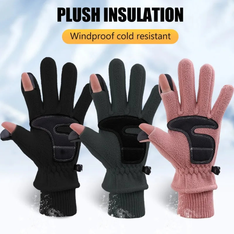 Winter Thickened Fleece Gloves Finger Flap Clickable Screen Glove Men Women Outdoors Skiing Cycling Motorcycle Sports Mittens