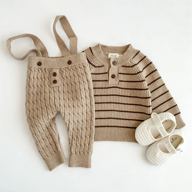 Autumn Spring Newborn Baby Boys Girls Clothing Suit Long Sleeved Striped Sweater+Strap Pants Infant Baby Knitting Clothes Set