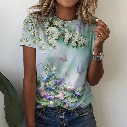 2023 Women's T-shirts Fashion Floral Theme T Shirt Floral Plants Tees Summer Clothing Basic Female Tops Print Oversized Pullover