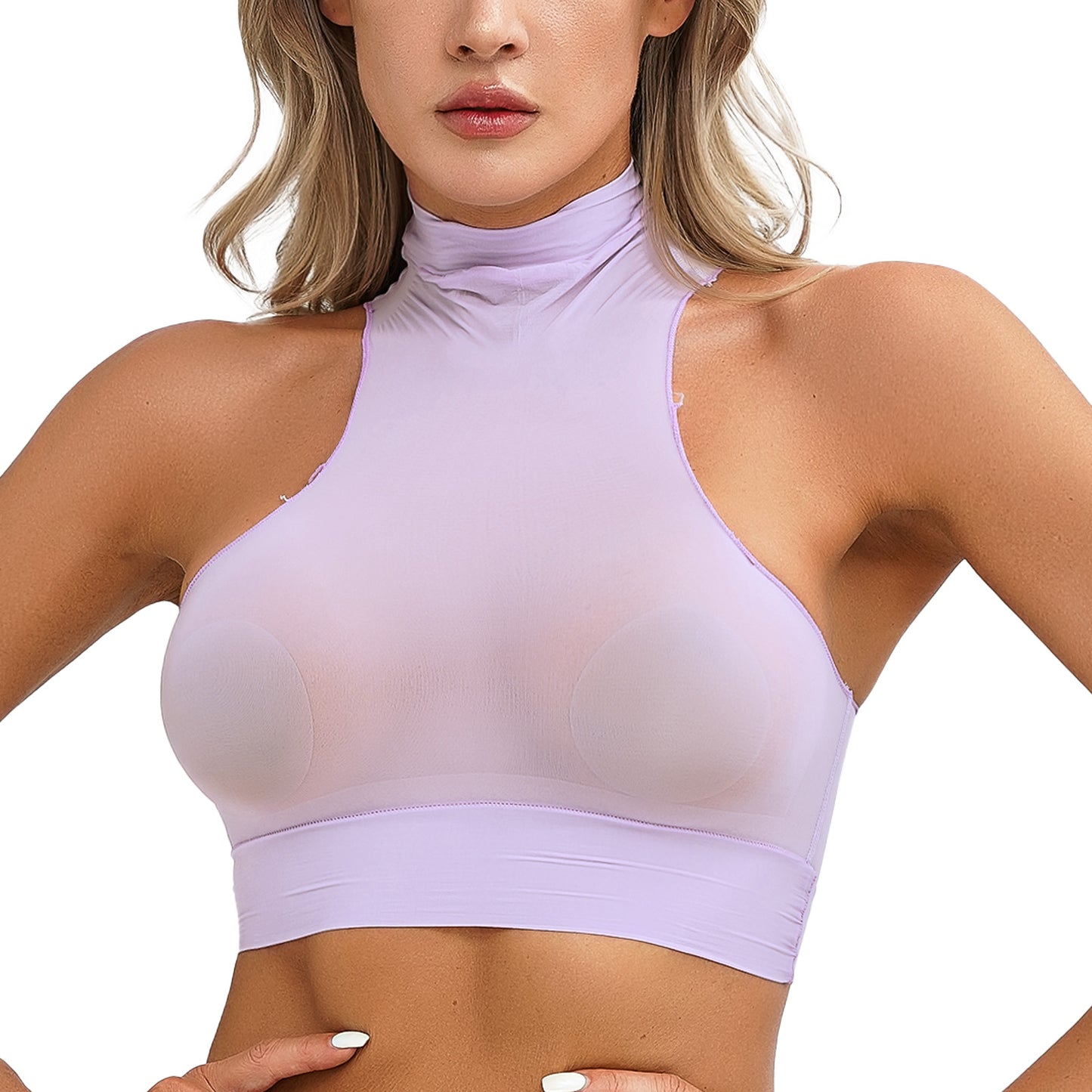 Womens Glossy Crop Tops Mock Neck Sleeveless Sheer See-Through Slim Fit Vest Tops for Swimwear Pool Party Clubwear Nightwear