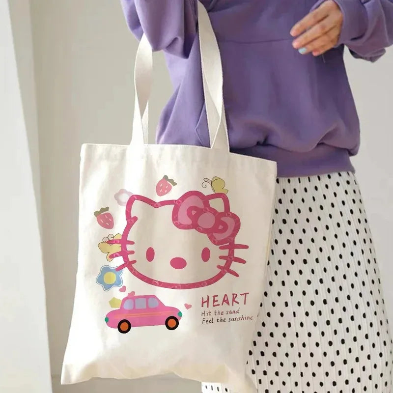 Hello Kitty Canvas Tote Bag Harajuku Y2k 90s Cartoon Girl Handbag Large Capacity Female Shoulder Bags Portable Travel Purse Gift