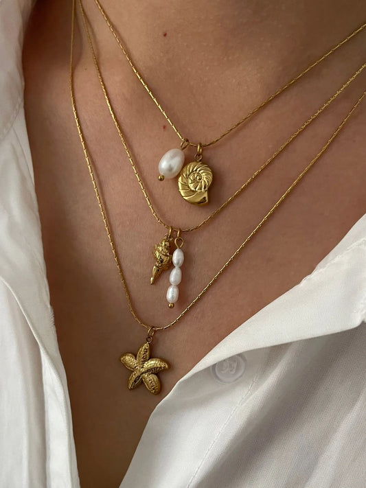 Peri'sbox Waterproof Beach Party Holiday Jewelry Natural Freshwater Pearl Conch Starfish Pendant Necklace Women Trendy Accessory