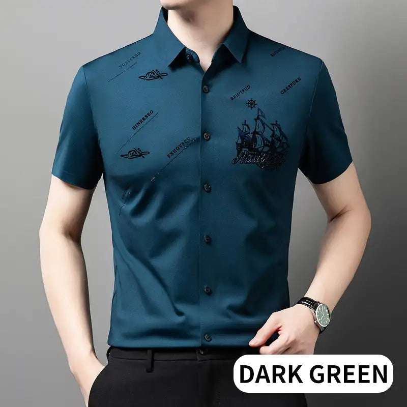 Men's Business Short Sleeves Button Down Shirt Printed High Elastic And Non Ironing Shirt High Level Business Casual Shirt