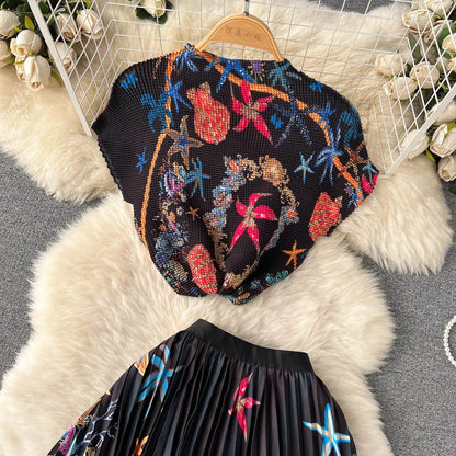 New Summer Runway Pleats Floral Print Two Piece Set Women Half High Collar Stretch Top+Elastic Waist Long Pleated Skirt Outfits