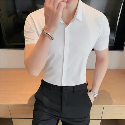 6colors High Quality New Solid High Elasticity Seamless Short Sleeve Shirts Men Slim Social Casual Business Formal Dress Shirt