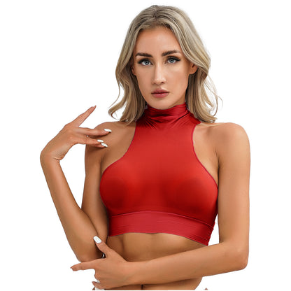 Womens Glossy Crop Tops Mock Neck Sleeveless Sheer See-Through Slim Fit Vest Tops for Swimwear Pool Party Clubwear Nightwear