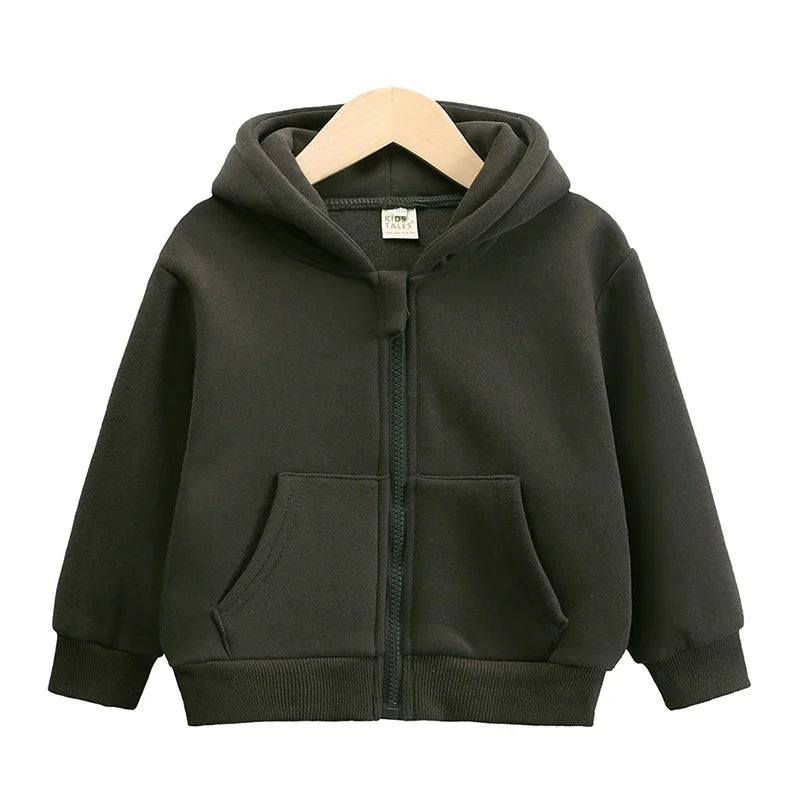 2025 Kids Hooded Fleece Sweatshirt Clothes Solid Cotton Thick Outdoor Top Boys Girl Sports Coat Children Korean Casual Jacket