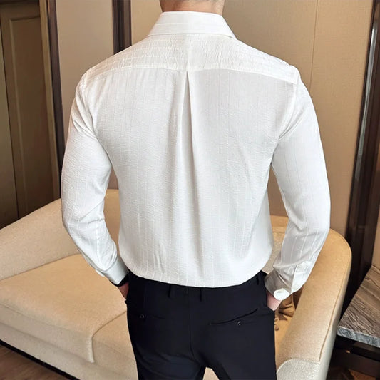 Luxury Korean Pleated Stripe Shirts For Men's High Quality Long Sleeve Slim Fit Casual Shirt Formal Social Party Tuxedo 4XL-M