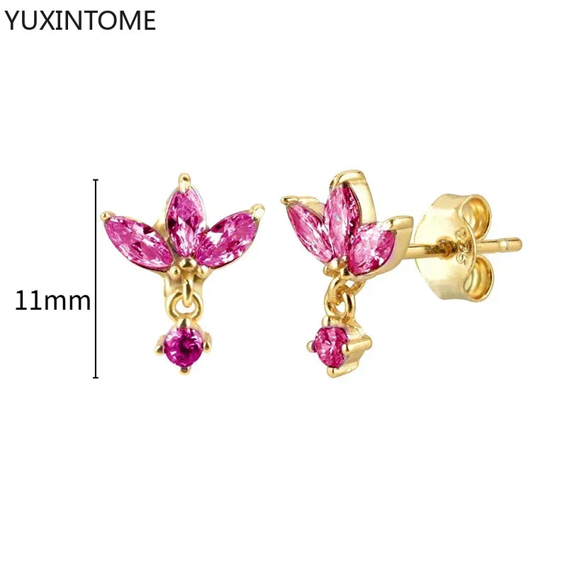 925 Silver Ear Needle Rose Red Hoop Earrings For Women Exquisite Water Drop/Flower/Heart Crystal Piercing Huggie Earring Jewelry