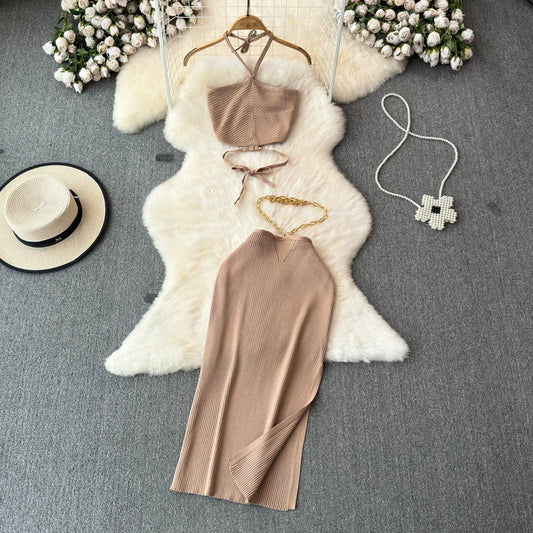 Summer KnittedTwo Piece Dresses Sets Women Skirt Suit Sexy Slim Crop Tops Long Split Skirt Dress Halter Camis With Skirt