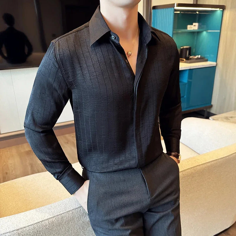 Luxury Korean Pleated Stripe Shirts For Men's High Quality Long Sleeve Slim Fit Casual Shirt Formal Social Party Tuxedo 4XL-M