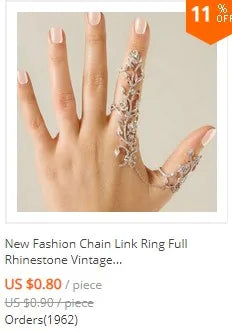 New Fashion Chain Link Ring Full Rhinestone Vintage Flower Double Finger  For Women Girl Party Jewelry Gift Accessories