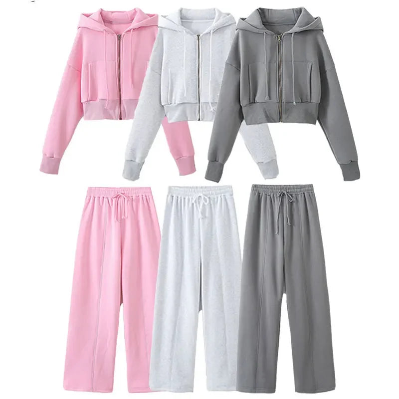 New Women's Trousers Suit Fashion Long Sleeve Zipper Coat elastic Hem Short Side Pocket Hooded Basic Coat And Trousers Suit