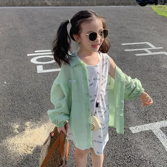 Girls Shirt and Sun-Proof Clothing 2023 Summer New Korean Style Western Style Children's Thin Coat Thin Long Sleeve Shirt